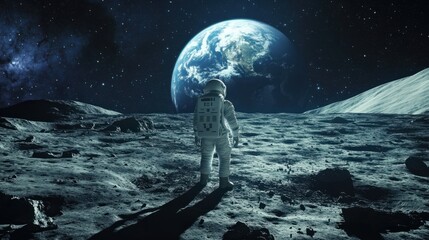 An astronaut standing on the Moon surface, gazing at Earth in the distance, capturing the wonder of space exploration