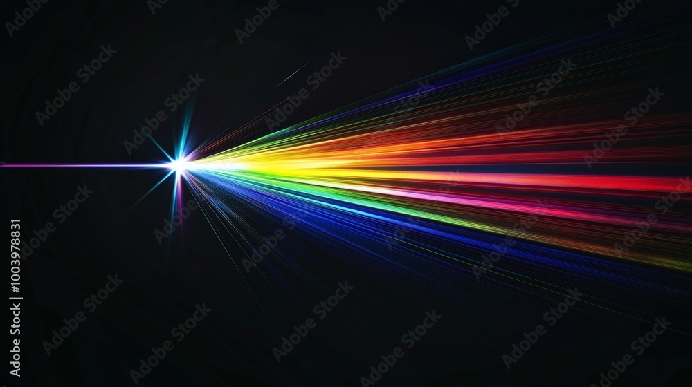 Poster vibrant light beam shines through a prism, creating a colorful spectrum on a black background, captu