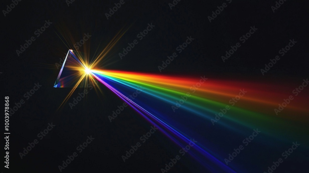 Poster White light is dispersing into the visible color spectrum as it passes through a triangular prism on a black background