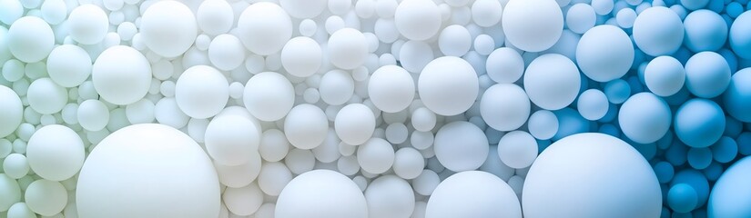 Abstract calming pattern of varying white spheres against a gradient blue background creates a soothing modern background design. Perfect as banner, wallpaper, background.