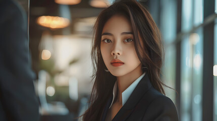 Beautiful Asian woman in a formal suit, businesswoman. Neural network AI generated art