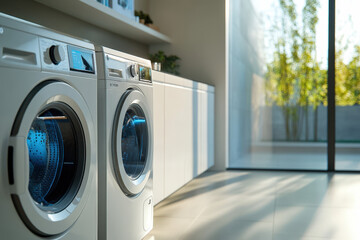 Modern laundry room featuring a washing machine and dryer, illuminated by natural sunlight streaming through a large window