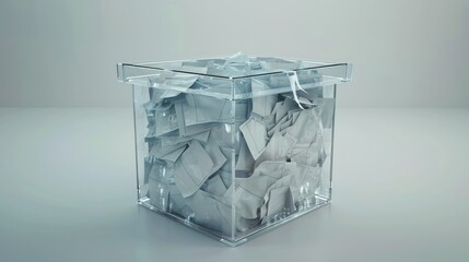 A transparent ballot box filled with ballots, symbolizing the voting process