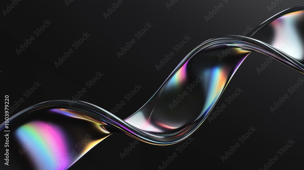 Poster metallic shape with iridescent reflections is twisting and turning on itself, creating an abstract a