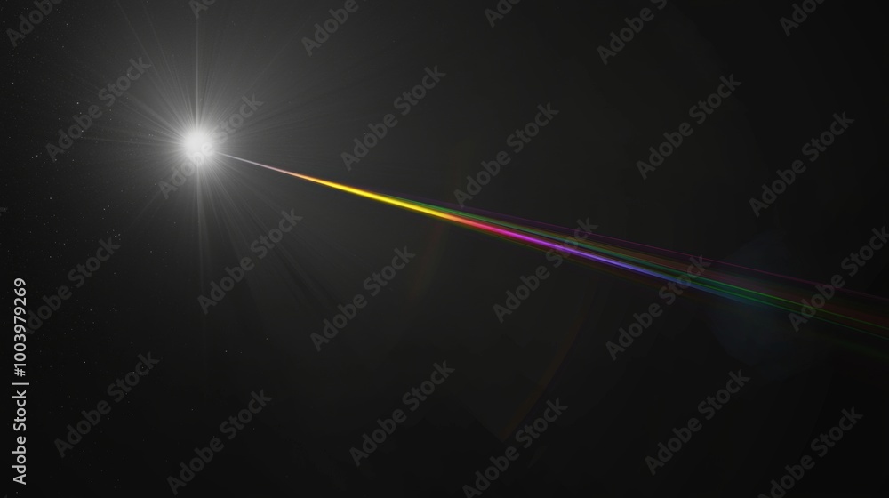 Poster Bright light is shining through a prism, creating a rainbow spectrum on a dark background. This colorful abstract background is perfect for science and technology projects