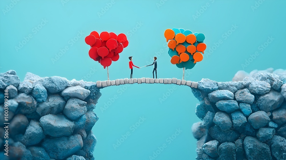 Poster an abstract digital art depicting a bridge made of chat bubbles spanning across a divided landscape