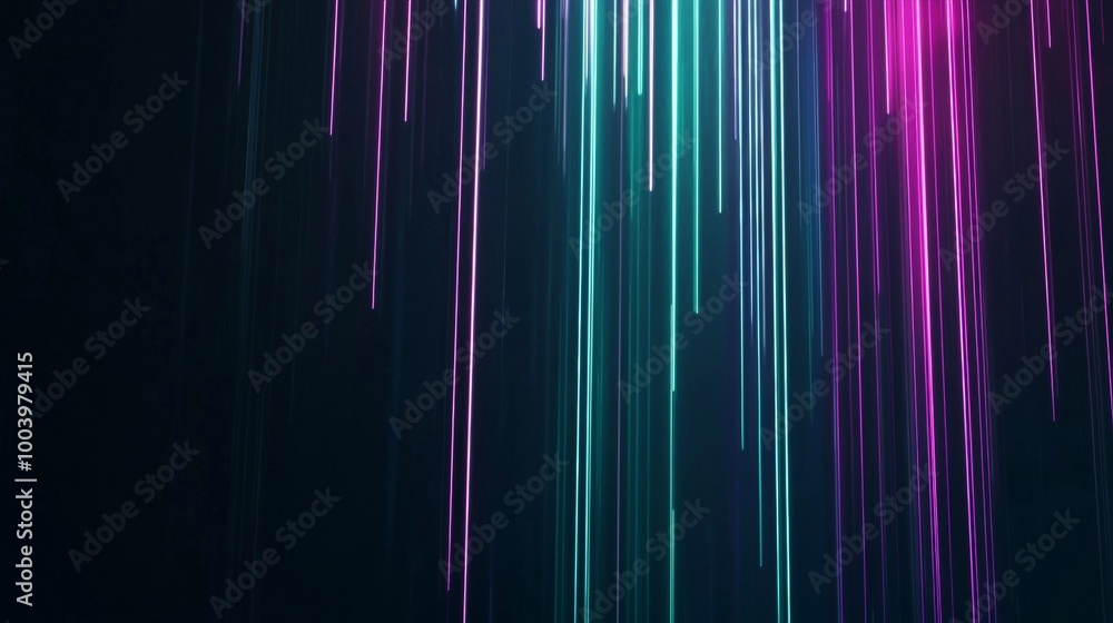 Poster abstract background with glowing neon light trails streaking downwards on a dark background, creatin