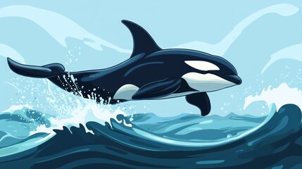 Obraz premium A stylized illustration of an orca leaping through ocean waves.