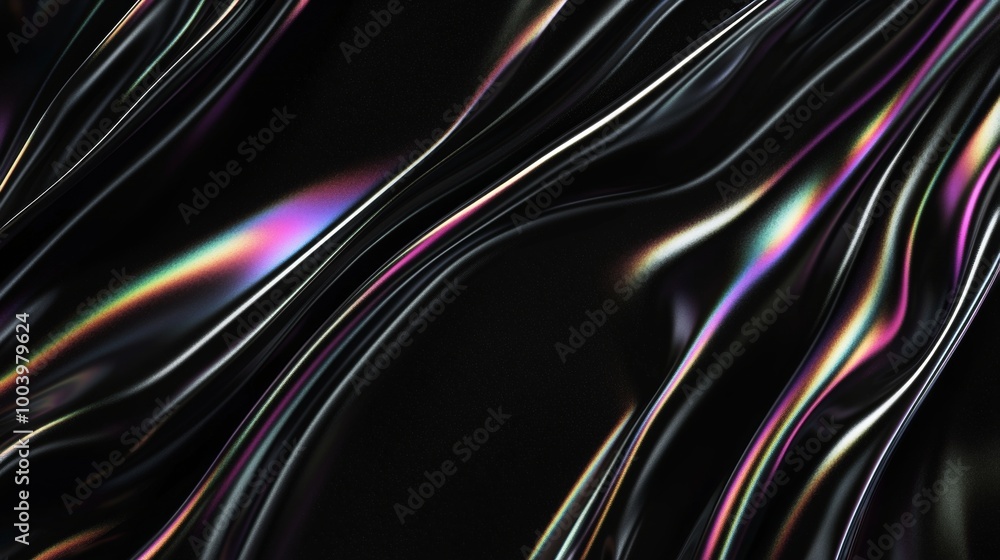 Poster flowing gracefully in the light, the black fabric shines holographically, creating a mesmerizing abs