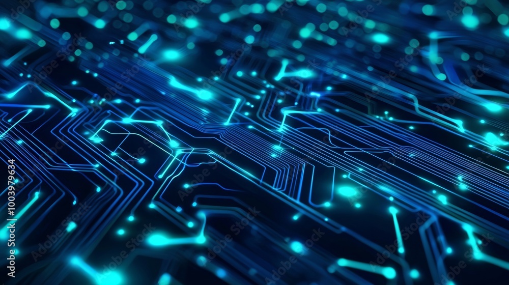Poster intricate electronic circuit board with glowing nodes and lines symbolizing data transfer on a blue 