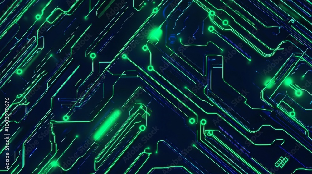 Poster abstract background showing a futuristic circuit board with glowing green lines, evoking concepts of