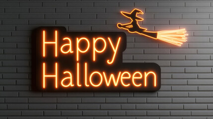Obraz premium Neon flying witch, Happy Halloween sign, glowing broomstick trail, 3D illustration