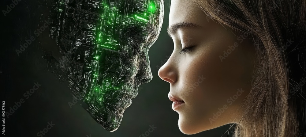 Poster confrontation between humanity and ai. girl face to face with artificial intelligence robot.