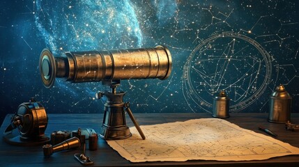 An illustrated view of an ancient star chart alongside modern astronomical tools, showcasing the evolution of stargazing