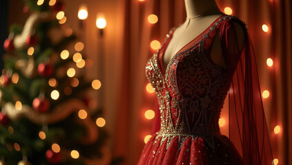 Obraz premium Elegant red gown on display near a Christmas tree with soft lights