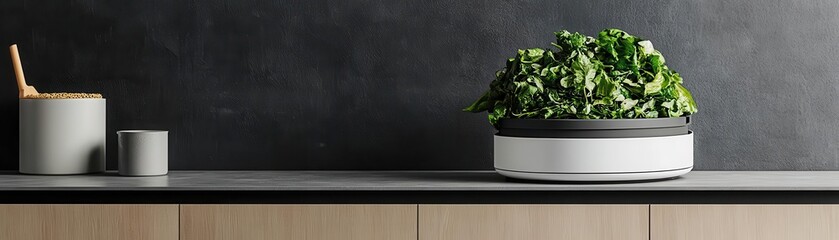 Fototapeta premium Smart composting systems for restaurants to manage food waste, side view, creating ecofriendly solutions, robotic tone, Analogous Color Scheme