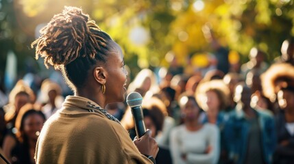 An activist speaking at a community event, raising awareness
