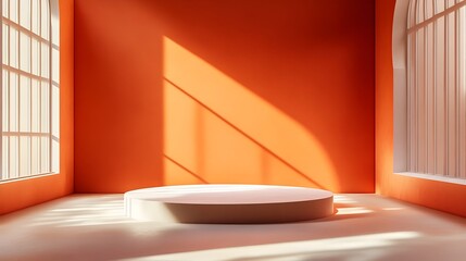 Fototapeta premium Bright and open 3D studio space with orange walls and a minimalist unadorned interior