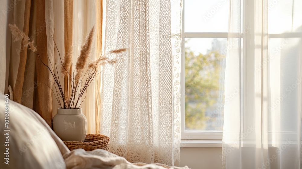 Wall mural Bohemian Chic Window Decor with Sheer Curtains and Dried Pampas Grass in a White Vase, Sunlight Filtering Through.