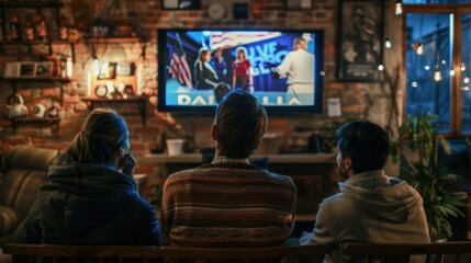 Obraz premium An election night scene with people gathered around a television watching results