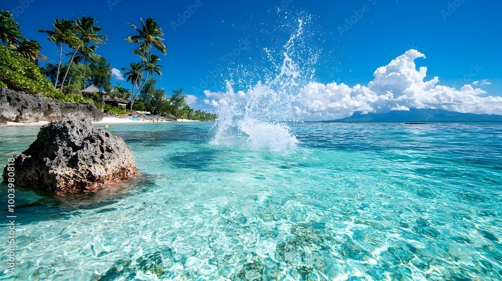 Poster breathtaking tropical beach scene with crystal clear azure waters swaying palm trees and a serene id