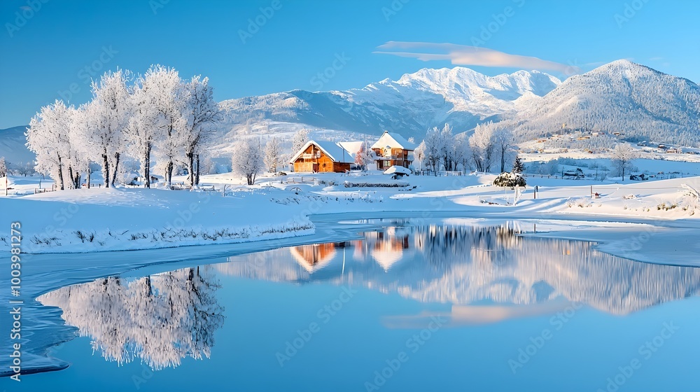 Poster breathtaking winter landscape of a frozen lake with crystal clear reflections of snow covered trees 