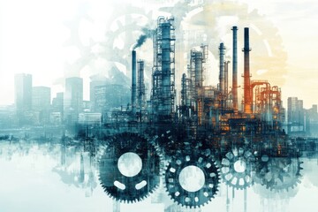 Fototapeta premium A factory skyline blending with gears and machinery, symbolizing industrial innovation, set against a cityscape background