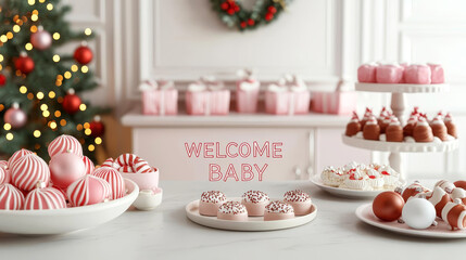 Hot chocolate bar for baby shower, Christmas decorations, winter night, 3D illustration