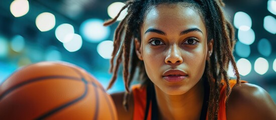 A determined female basketball player with dreadlocks stares intensely at the camera while holding a basketball in front of her.