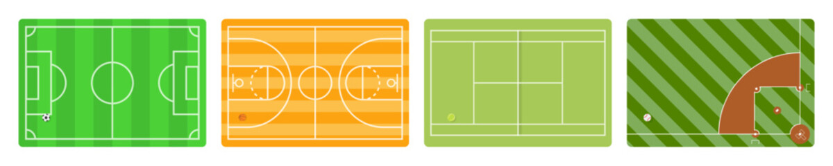 Sports court with ball. Basketball, baseball, football, tennis field courts. Top view stadium isolated on white background. Vector illustration.
