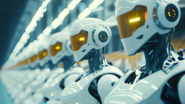 Isometric view of Rows of Industrial Humanoid Robots with Glass Visors. Large Amount of Humanoid Robots Standing in Rows