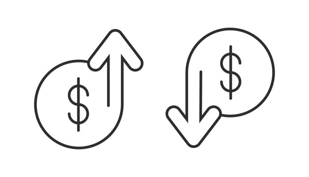 Cost reduction and rise up icon. Dollar increase and reduce arrow sign. Money rotation business symbol. Currency exchange. Vector elements isolated.