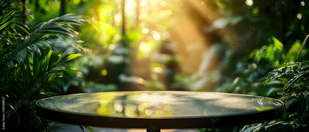 Poster sunlight filtering through lush greenery onto a table in a serene garden setting.