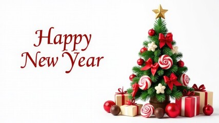 New Year card, bright Happy New Year greeting with a beautifully decorated tree with chocolates and lollipops on a white background