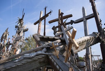 Jurgaiciai, Lithuania - Sep 12, 2024: Hill of Crosses is a site of pilgrimage about 12 km north of the city of Siauliai, in northern Lithuania. About 55,000 crosses there. Selective focus