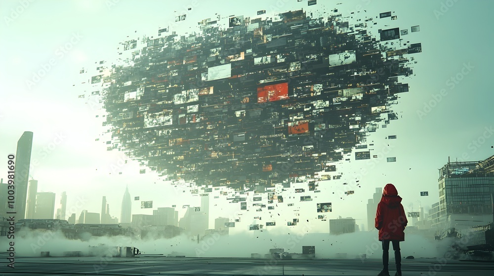 Aufkleber captivating digital artwork featuring a dynamic wave like composition made of text and image fragmen
