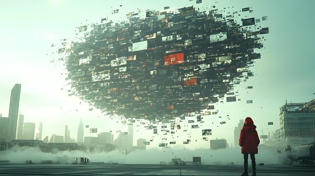 Captivating digital artwork featuring a dynamic wave like composition made of text and image fragments sweeping over a modern cityscape in a fluid surreal display of creativity and technology