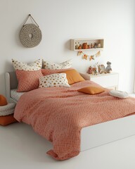 Cozy Children's Bedroom with Orange Bedding, Polka Dot Pillows, and Playful Decor, Perfect for Kids' Room Design, Nursery Inspiration, Modern Home Decor, and Family-Friendly Interiors