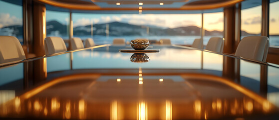 Elegant dining area with a stunning view, featuring a polished table and stylish chairs, perfect for luxurious gatherings.