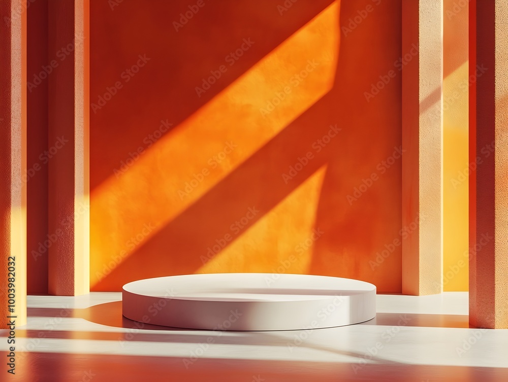 Poster sleek modern 3d studio scene featuring rich orange backdrops simple product podium in minimalist emp