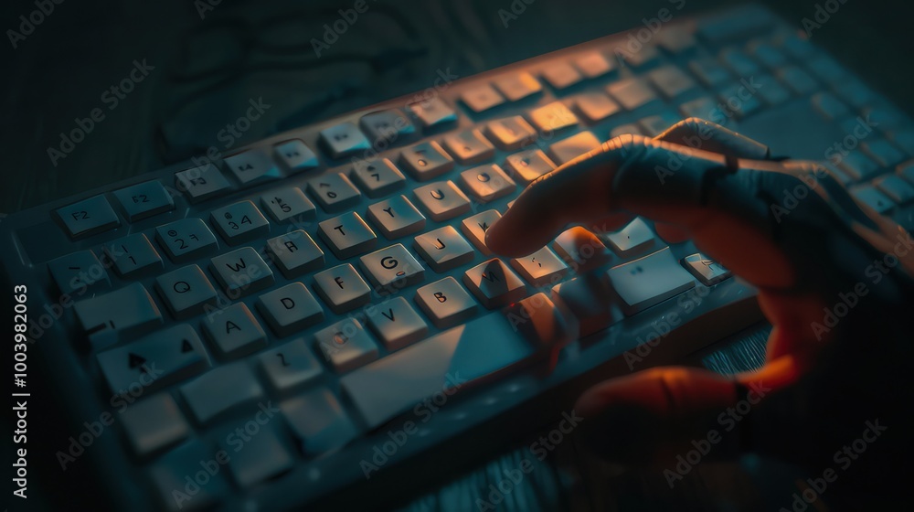 Poster a hand casting a shadow over a keyboard, with the shadow forming a question mark, representing the u