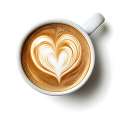 Steaming hot latte art heart design in white ceramic coffee cup on plain white background