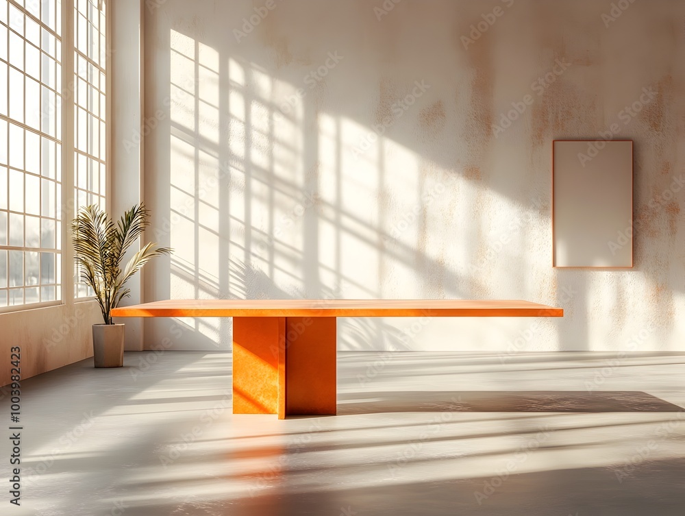 Poster a modern and sleek 3d studio environment featuring bold orange details a clean table and floor setup