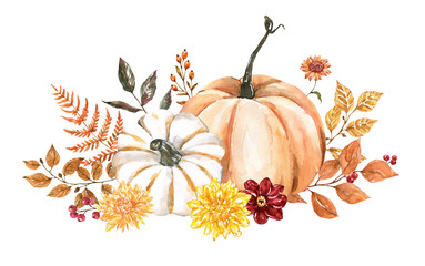 A watercolor illustration of an autumn arrangement with pumpkins, flowers, and fall foliage. Floral seasonal decoration. Botanical bouquet. PNG clipart.