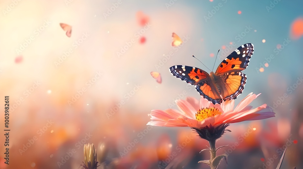 Aufkleber close up of a delicate butterfly perched on a vibrant flower petal bathed in the gentle glow of soft