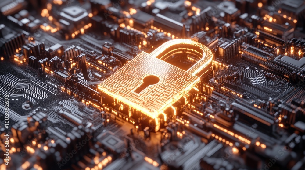 Poster digital security concept with lock and circuit board