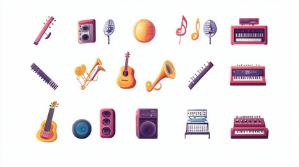 An assortment of music icons representing different genres and instruments, ideal for music-related projects.