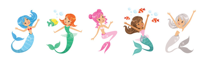 Cute Girl Mermaid Character with Female Body and Fish Tail Vector Set