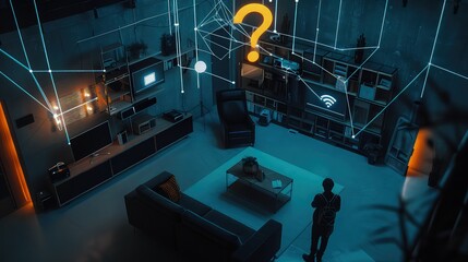 A network of interconnected devices in a smart home, with a question mark indicating concerns about privacy and data security in the Internet of Things (IoT).