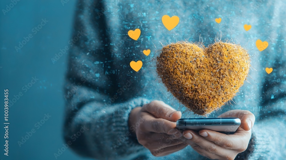 Poster close up view of a human hand holding a modern smartphone device with the reflection of social media